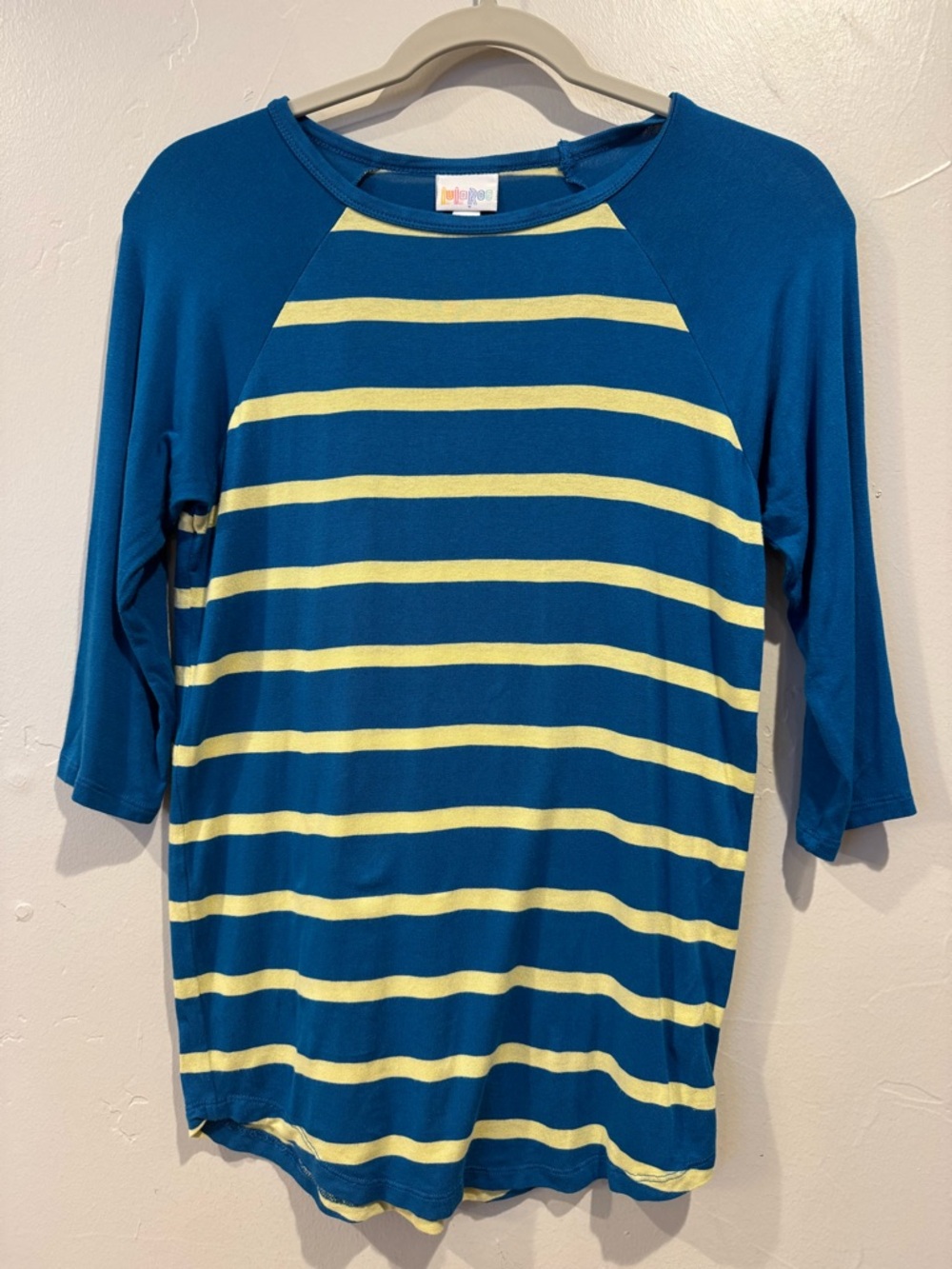 LuLaRoe Randy Baseball Tee Stripe Raglan Blue Yellow Stretchy XXS 3/4 Sleeve